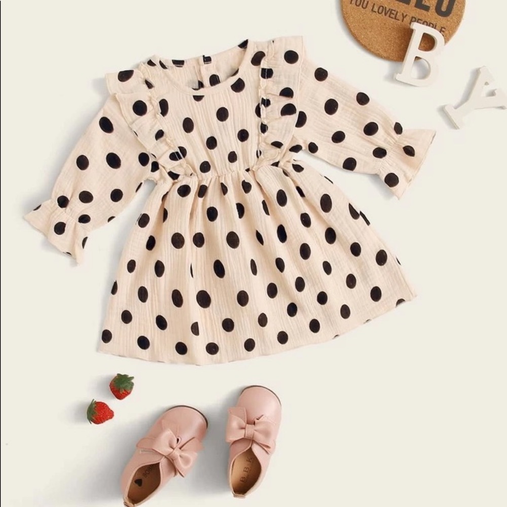 Baby girl dress polka dot ruffle trim cream black
